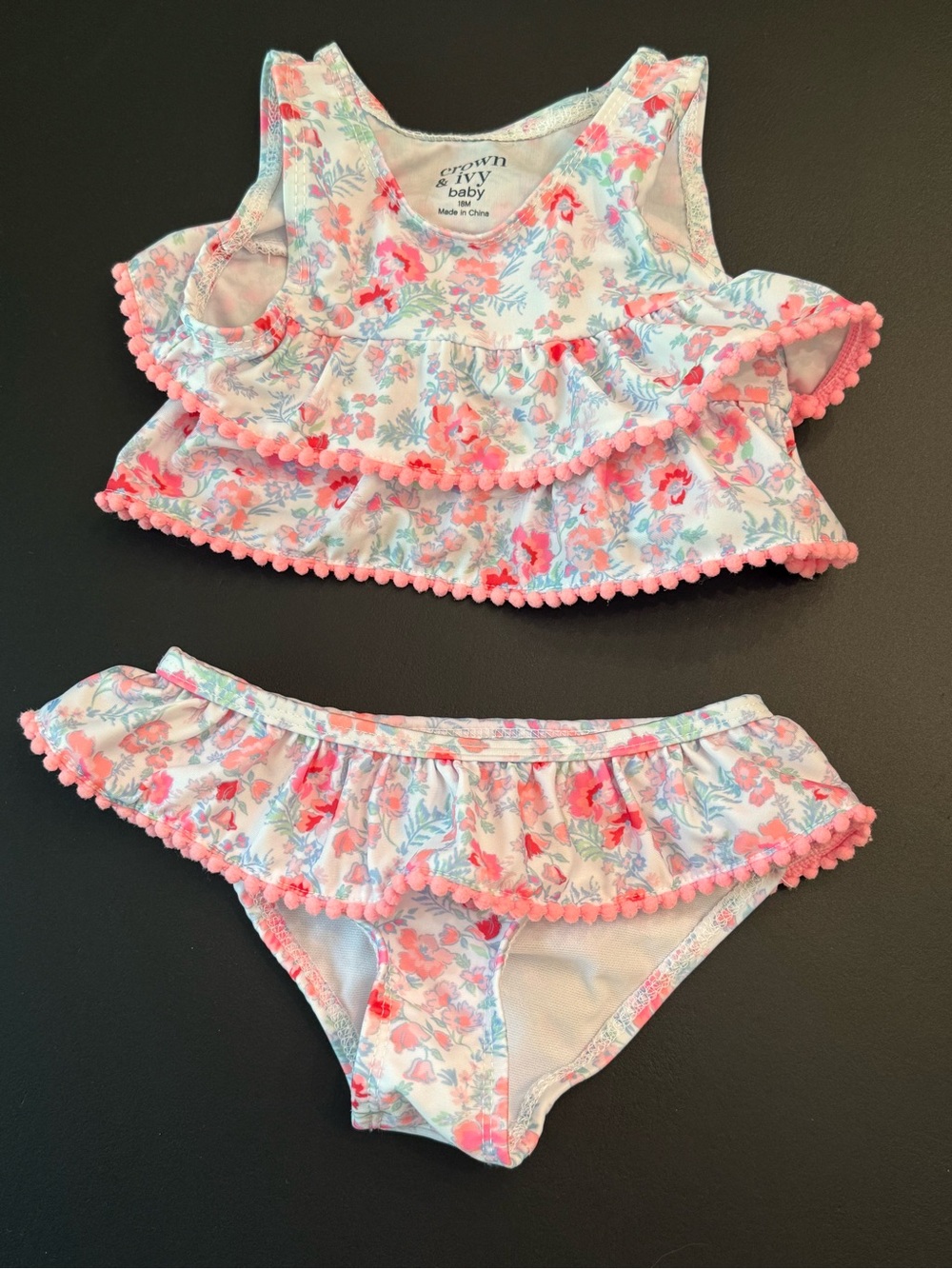 Crown & Ivy Baby Girl Pink Floral Ruffle Two-Piece Swim Set